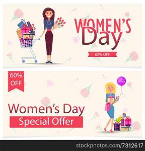 Womens Day special offer 60 off advertisement poster. Woman with cart full of gifts and girl with bunch of presents vector illustration.. Womens Day Special Offer 60 Off Advertisement