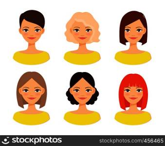 Womens faces. Woman with different hair color and different hairstyles vector illustration. Womens faces with different hairstyles