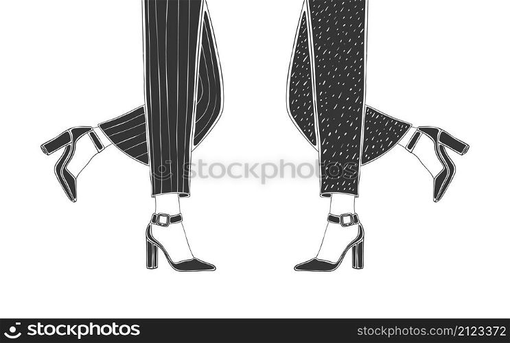 Womens feet in shoes. Fashion footwear. Hand-drawn style shoes. Vector image