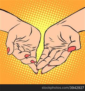 Womens hand heart shape love romance Valentines day pop art retro style. Womens hand heart shape love romance Valentines day