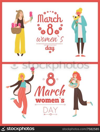 Womens international day, 8 March, spring holiday greeting card decorated by ladies holding lilac, violets and roses, happy girls with flowers vector. Spring Holiday, 8 March, Women with Flowers Vector