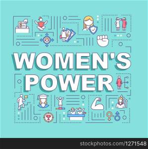Womens power word concepts banner. Female affirmation. Motivation, empowerment. Infographics with linear icons on turquoise background. Isolated typography. Vector outline RGB color illustration