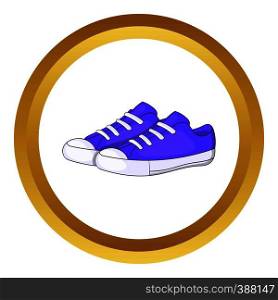 Womens purple sneakers vector icon in golden circle, cartoon style isolated on white background. Womens purple sneakers vector icon