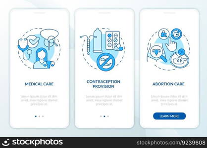 Womens sexual and reproductive health blue onboarding mobile app screen. Walkthrough 3 steps editable graphic instructions with linear concepts. UI, UX template. Myriad Pro-Bold, Regular fonts used. Womens sexual and reproductive health blue onboarding mobile app screen