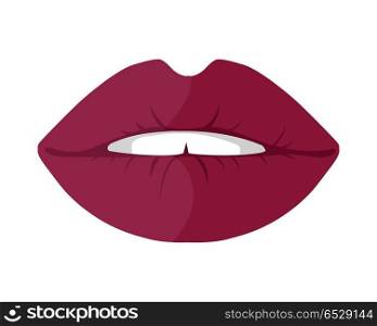 Womens Smile with Shining White Teeth Vector. Womens smile with shining white teeth. Female lips colored with bright violet lipstick flat vector illustration isolated on white background. For dental, cosmetic, beauty, fashion concepts design