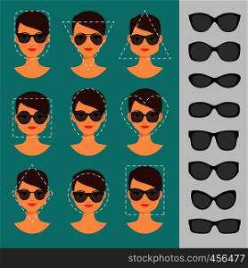 Womens Sunglasses Shapes for different face shapes vector illustration. Women sunglasses shapes for different faces