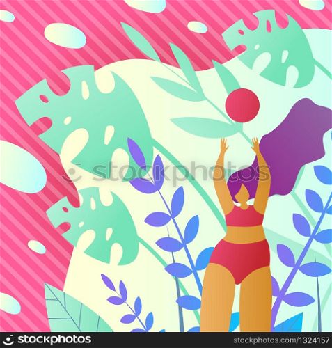 Womens Volleyball in Summer on Vacation Cartoon. Flyer Resort Complex with Support Active Sports. Poster Girl Playing Ball. Flat Summer Games for Young People. Vector Illustration.