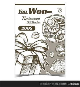 Won Restaurant Gift Voucher Gift Box Poster Vector. Gift Box Closed And Decorated Bow Plate With Spaghetti, Shrimp And Egg, Green Leaves And Soup Bowl. Template Hand Drawn Monochrome Illustration. Won Restaurant Gift Voucher Gift Box Poster Vector