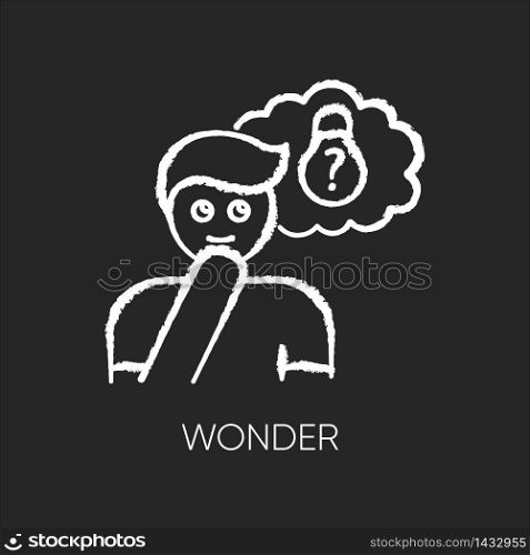 Wonder chalk white icon on black background. Curious facial expression. Inspirational thought. Man with creative thinking. Imagine dilemma solution. Isolated vector chalkboard illustration. Wonder chalk white icon on black background