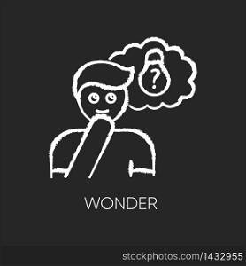 Wonder chalk white icon on black background. Curious facial expression. Inspirational thought. Man with creative thinking. Imagine dilemma solution. Isolated vector chalkboard illustration. Wonder chalk white icon on black background