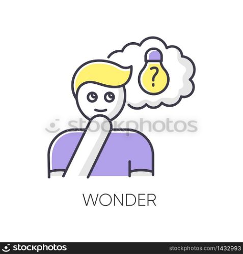 Wonder RGB color icon. Curious facial expression. Inspirational thought. Man with creative thinking. Imagine dilemma. Discover and explore. Positive mental state. Isolated vector illustration. Wonder RGB color icon