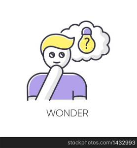 Wonder RGB color icon. Curious facial expression. Inspirational thought. Man with creative thinking. Imagine dilemma. Discover and explore. Positive mental state. Isolated vector illustration. Wonder RGB color icon