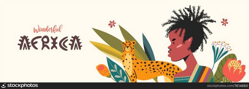 Wonderful Africa. Portrait of an African youth in profile. Exotic flowers and a Cheetah among tropical leaves. Vector illustration, banner.. Wonderful Africa. Vector illustration, banner.