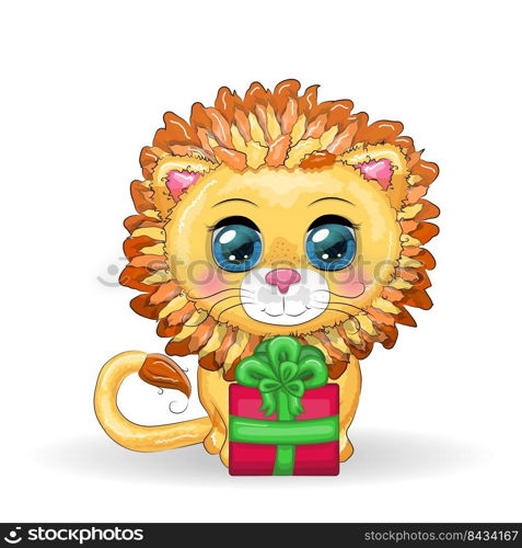 Wonderful cute cartoon lion cub with a gift, candy cane. Isolated illustration. Wonderful cute cartoon lion cub with a gift