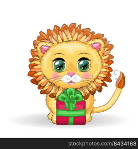 Wonderful cute cartoon lion cub with a gift, candy cane. Isolated illustration. Wonderful cute cartoon lion cub with a gift