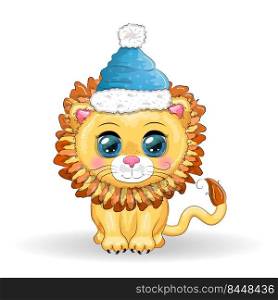 Wonderful cute cartoon lion cub with a gift, candy cane. Isolated illustration. Wonderful cute cartoon lion cub with a gift
