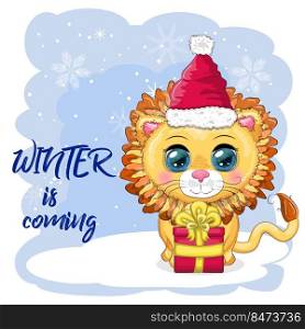 Wonderful cute cartoon lion cub with a gift, candy cane. Isolated illustration. Wonderful cute cartoon lion cub with a gift
