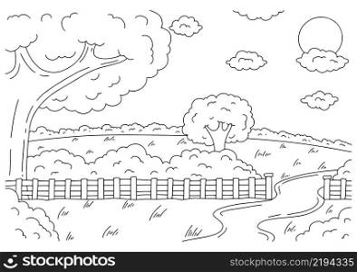 Wonderful natural landscape in a forest glade. Coloring book page for kids. Cartoon style. Vector illustration isolated on white background.