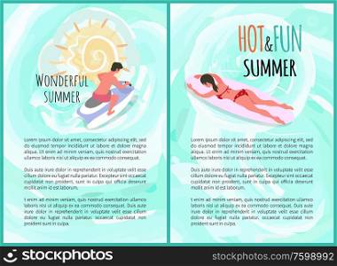 Wonderful summer vector, man riding jet ski male on water bike, hot and fun summertime. Woman laying on wooden surfing board, surfboarder lady set. Wonderful Summer Hot and Fun Summertime Poster