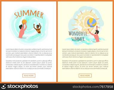 Wonderful summer vector, outdoor relaxation by seaside, man and woman playing waterpolo, inflatable ball games. Sunshine and fine weather website. Summertime activity. Wonderful Summer Website, Seaside Relaxation Set