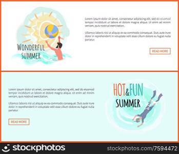 Wonderful summer vector, people on vacation summertime man. Resort activities, waterpolo sport, game with ball, scuba diving on vacation website set. Wonderful Summer Waterpolo and Scuba Diving Web