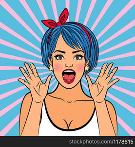 Wondering girl face. Amazement pop art woman portrait, surprised and happy comic lady vector illustration. Amazed pop art woman portrait