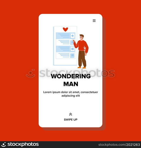 Wondering Man Checking Task List App Vector. Young Wondering Man Using Smartphone Application For Check And Monitoring Goal Achievement. Character Boy Web Flat Cartoon Illustration. Wondering Man Checking Task List App Vector