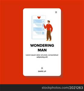 Wondering Man Checking Task List App Vector. Young Wondering Man Using Smartphone Application For Check And Monitoring Goal Achievement. Character Boy Web Flat Cartoon Illustration. Wondering Man Checking Task List App Vector