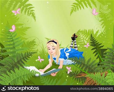 Wonderland Alice reading a book on fern lawn