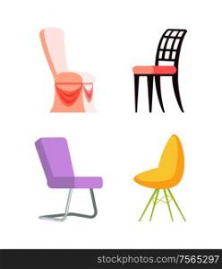 Wood and metal, plastic set of colorful chairs, place for sitting, element of furniture. Design and style of seat, side view of object on white vector. Wood and Metal, Plastic Chairs Isolated Vector
