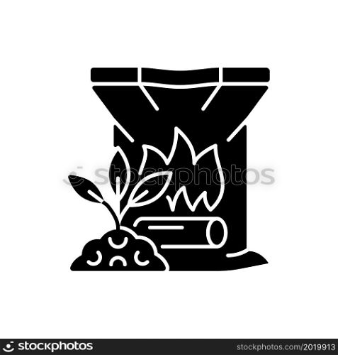 Wood ash black glyph icon. Organic plants and crops fertilizer. Soil natural supplement. Nourishing additive. Ground additive. Silhouette symbol on white space. Vector isolated illustration. Wood ash black glyph icon