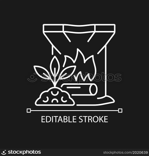 Wood ash linear icon for dark theme. Organic plants and crops fertilizer. Soil natural supplement. Thin line customizable illustration. Isolated vector contour symbol for night mode. Editable stroke. Wood ash linear icon for dark theme