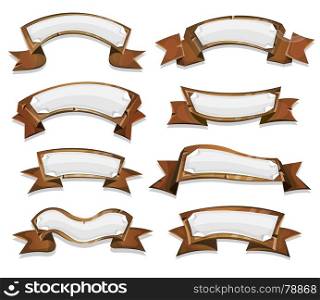 Wood Banners And Ribbons For Game Ui. Illustration of a set of cartoon funny spring wooden award ribbon and banners, with paper signs for agriculture, texas ranch, farm seal and certificates, or game ui