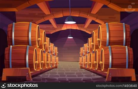 Wood barrels for wine or beer in cellar. Cask from oak wood on stand in storage room of brewery or winery. Vector realistic interior of basement with keg for whiskey, rum or cognac. Vector wooden barrels with wine in cellar