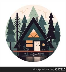 Wood cabin logo template. Cabin in the woods vector illustration. Cabin rentals logo. Chalet in the forest sticker.. Wood cabin logo template. Cabin in the woods vector illustration. Cabin rentals logo. Chalet in the forest sticker