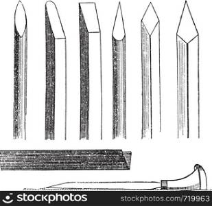 Wood carving hand tools, vintage engraving. Old engraved illustration of wood carving hand tools with different sizes and types, isolated on a white background.