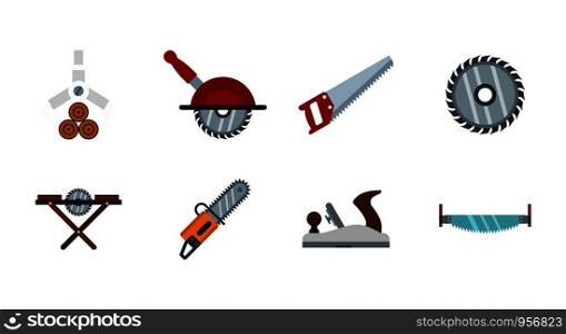 Wood cut tool icon set. Flat set of wood cut tool vector icons for web design isolated on white background. Wood cut tool icon set, flat style