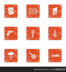 Wood development icons set. Grunge set of 9 wood development vector icons for web isolated on white background. Wood development icons set, grunge style