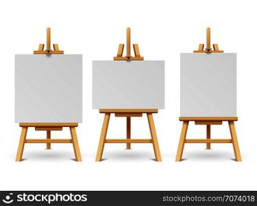Wood easels or painting art boards with white canvas of different sizes. Artwork blank poster mockups. Wooden board with paper white canvas illustration. Wood easels or painting art boards with white canvas of different sizes. Artwork blank poster mockups