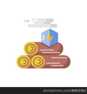 Wood energy vector flat color icon. Stocks of logs. Biomass energy for electricity generation. Natural resources. Industry production. Cartoon style clip art for mobile app. Isolated RGB illustration. Wood energy vector flat color icon