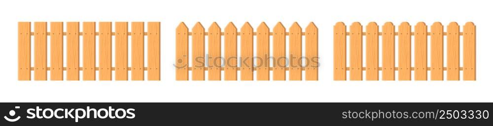 Wood fence. Wooden fence for garden, farm and house. Brown picket isolated on white background. Cartoon gate. Barrier for rustic yard. Flat village enclosure. Vector.