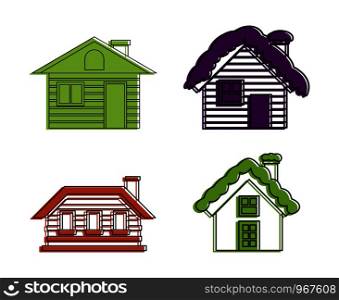 Wood house icon set. Color outline set of wood house vector icons for web design isolated on white background. Wood house icon set, color outline style