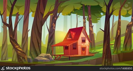 Wood house in forest or garden. Forester shack. Vector cartoon summer landscape of wooden village, cottage or farmhouse with porch, green lawn, big trees and sun light. Wooden house in forest or garden