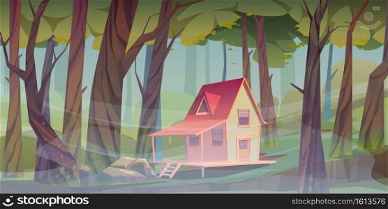 Wood house in forest with morning fog. Forester shack. Vector cartoon summer landscape of wooden village, cottage or farmhouse with porch, green lawn, big trees and mist. Wood house in forest with morning fog