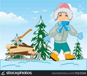 Wood in winter and young person carries firewood on sled on snow. Man in winter on sled carries firewood