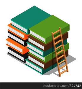 Wood ladder on stack books icon. Isometric of wood ladder on stack books vector icon for web design isolated on white background. Wood ladder on stack books icon, isometric style