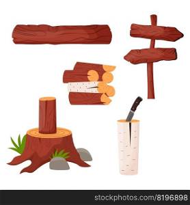 Wood log and trunk. Wooden lumber materials logs, trunk, stump, firewood, plank. Flat vector illustration.. Wood log and trunk. Wooden lumber materials logs, trunk, stump, firewood, plank. Flat vector illustration
