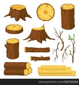 Wood logs. Firewood, tree stumps with rings, trunks, branches and twigs. Lumber industry forest materials. Wooden planks, timber vector set. Production industry elements. Hardwood for fireplace. Wood logs. Firewood, tree stumps with rings, trunks, branches and twigs. Lumber industry forest materials. Wooden planks, timber vector set