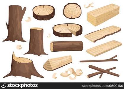 Wood logs set graphic elements in flat design. Bundle of different type of tree trunks, stumps, woodwork planks, round cuts with rings patterns, twigs and chips. Vector illustration isolated objects