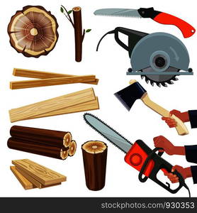 Wood materials. Wooden production and cut woodworking equipment cutting tools forestry pile vector isolated pictures. Instrument in hand hold, holding sawmill equipment illustration. Wood materials. Wooden production and cut woodworking equipment cutting tools forestry pile vector isolated pictures